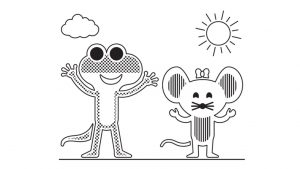 Black and white cartoon drawings of a lizard and a mouse